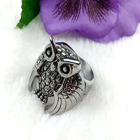 Silver Owl Ring Stainless Steel Statement Bird Biker Ring - Picture 1 of 13